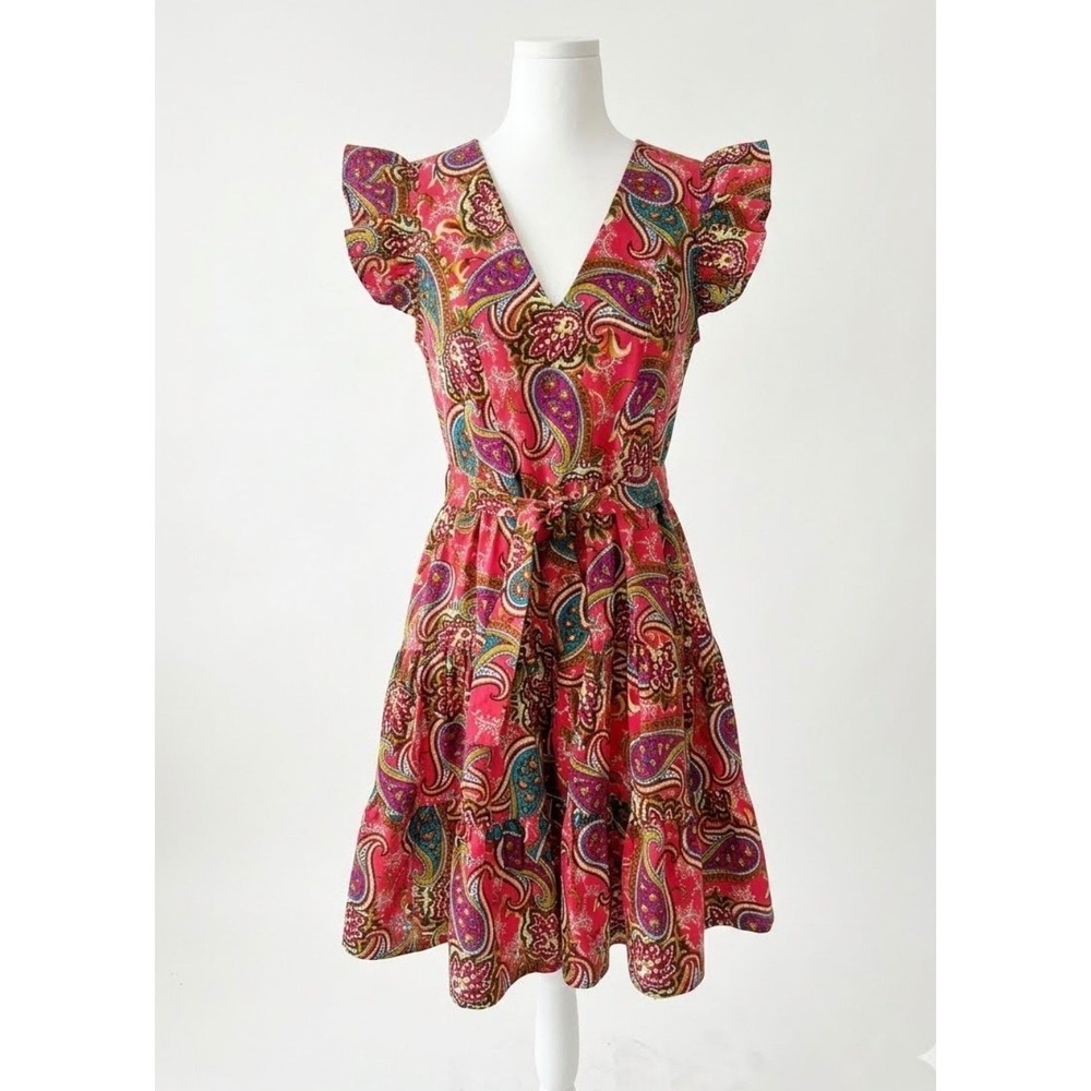 Pink Paisley Tiered Ruffle Sleeve Fit & Flare Cotton Dress Sz S: Boho, Party